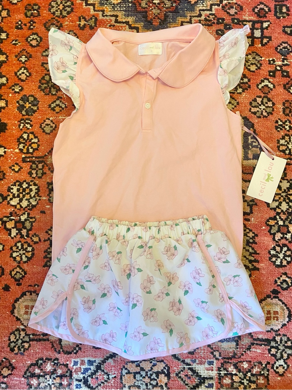 Cecili Lou Girls' Pink Floral Skort & Polo Matching Set